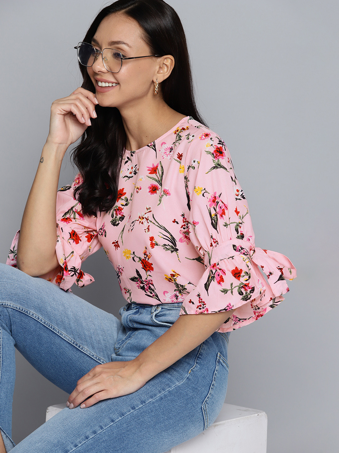 Mast & Harbour Floral Print Bell Sleeves Crepe Top