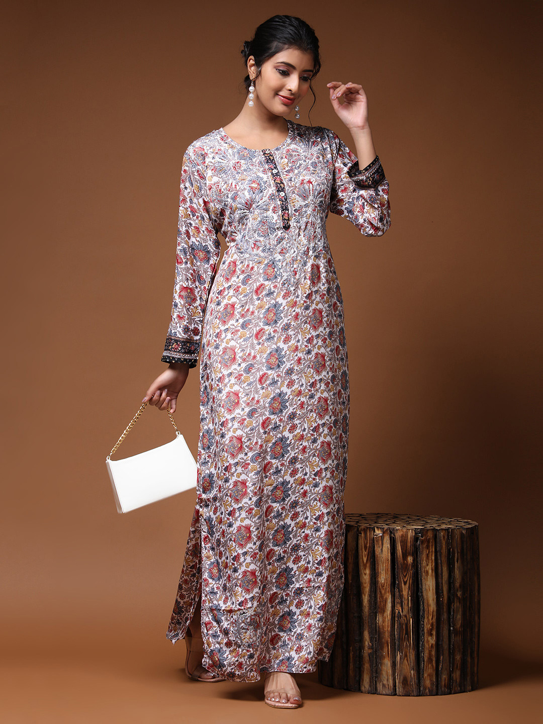 HOUSE OF KARI Floral Printed Embroidered A-Line Maxi Dress