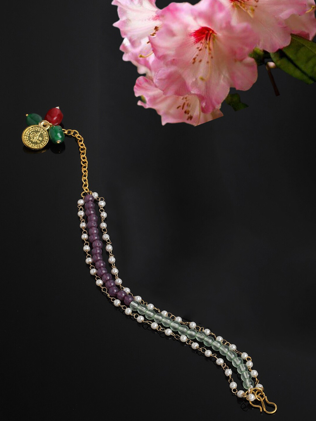 DUGRISTYLE Women Gold-Toned & Purple Pearls Gold-Plated Multistrand Bracelet
