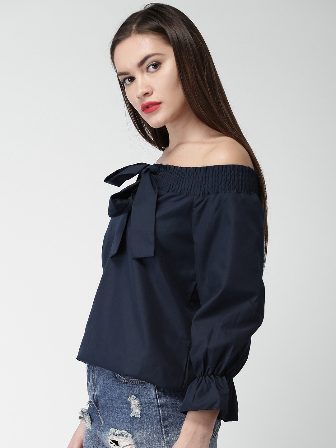 navy bardot top