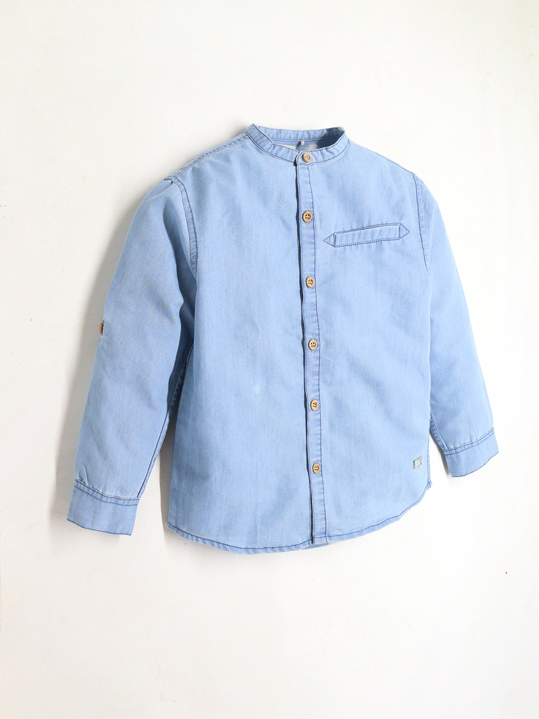 Cherry Crumble Boys Band Collar Denim Cotton Casual Shirt