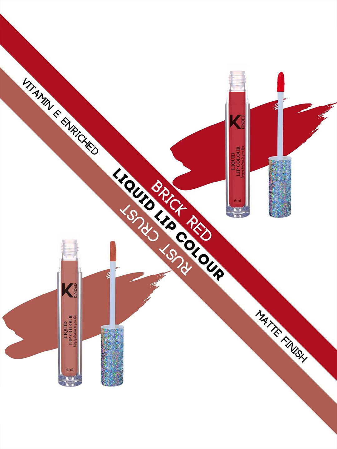 KINDED Set Of 2 Vitamin E Enriched Long Lasting Matte Liquid Lip Colour Lipstick 6 ml-Brick Red 04 & Rust Crust 05