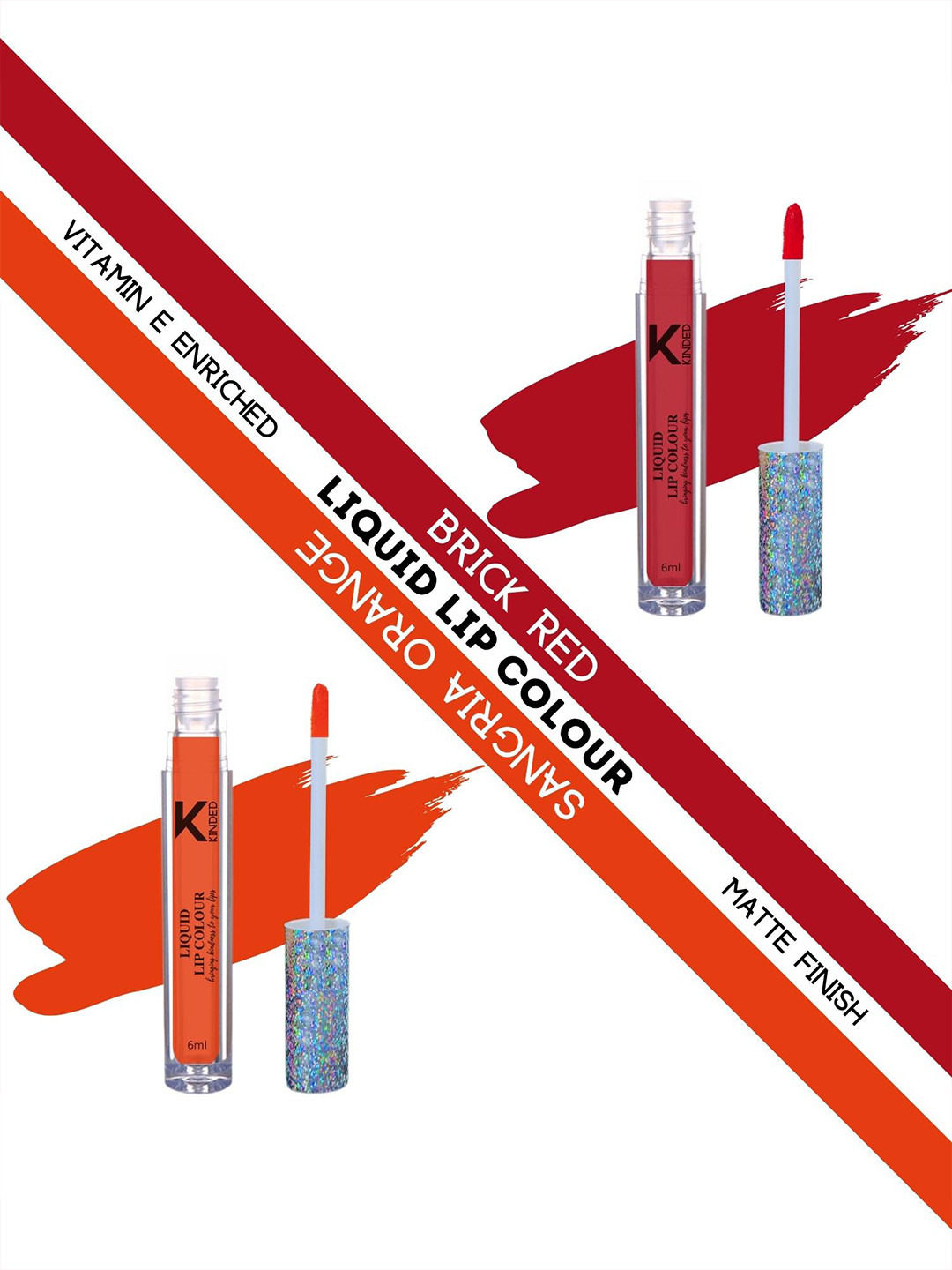 KINDED Set Of 2 Vitamin E Enriched Long Lasting Matte Liquid Lip Colour Lipstick 6 ml-Brick Red 04 & Sangria Orange 08