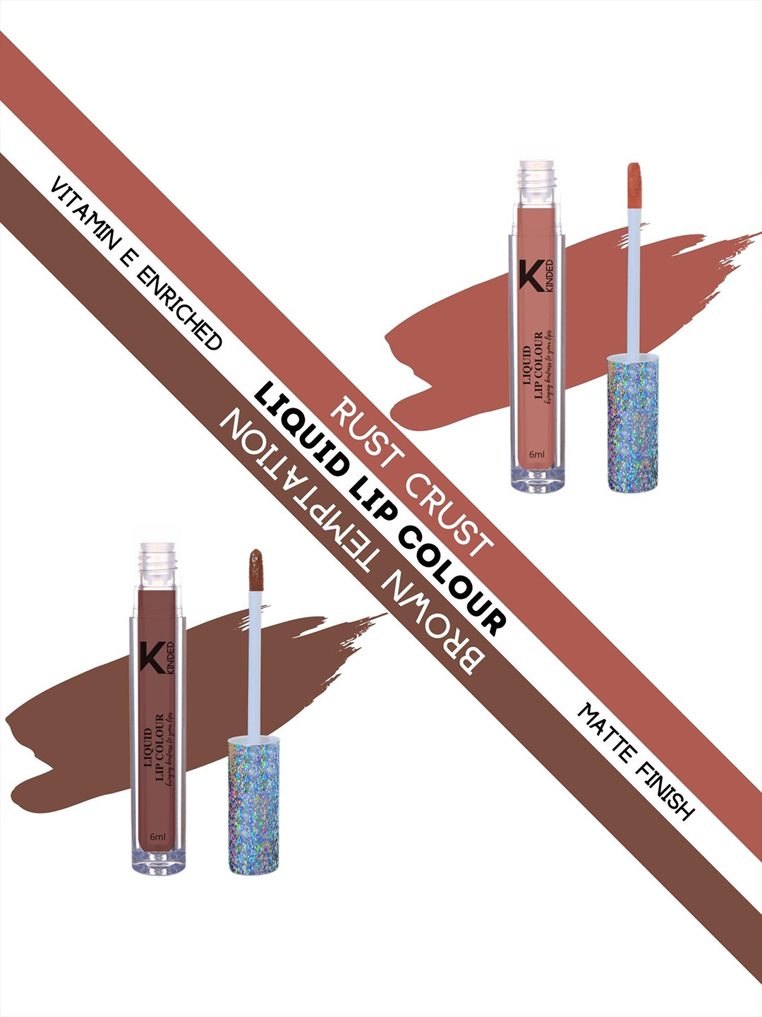 KINDED Set Of 2 Vitamin E Enriched Matte Liquid Lip Colour Lipstick - 6 ml Each - Rust Crust & Brown Temptation