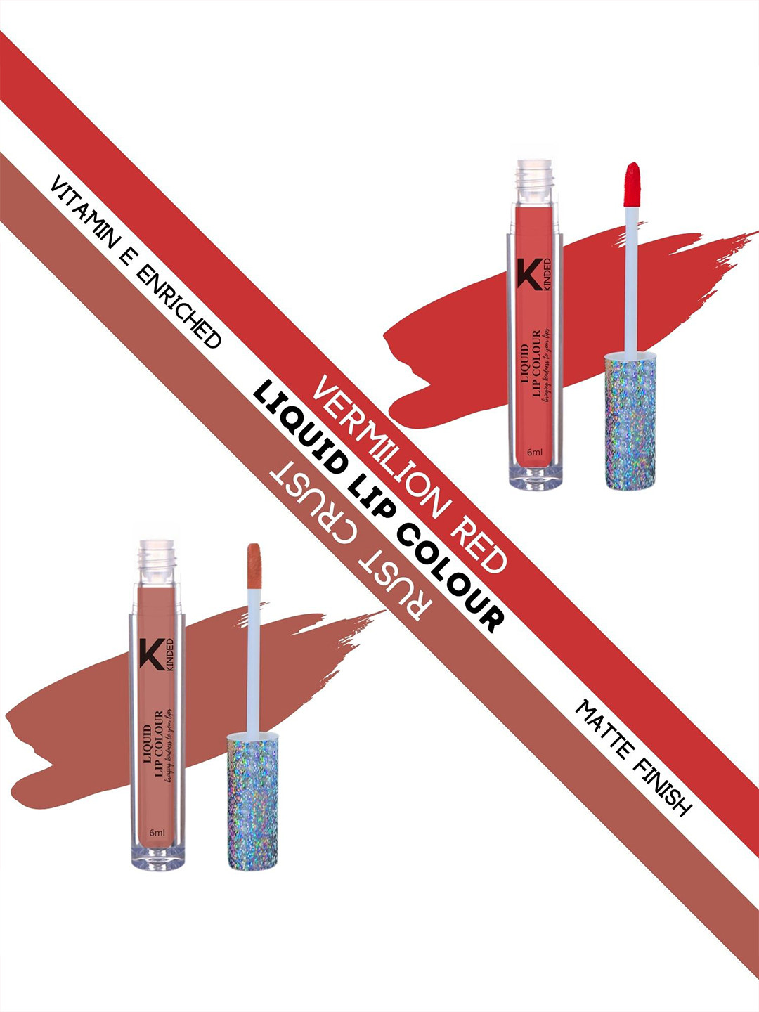 KINDED Set Of 2 Vitamin E Enriched Long Lasting Matte Liquid Lip Colour Lipstick 6 ml - Vermilion Red 03 & Rust Crust 05
