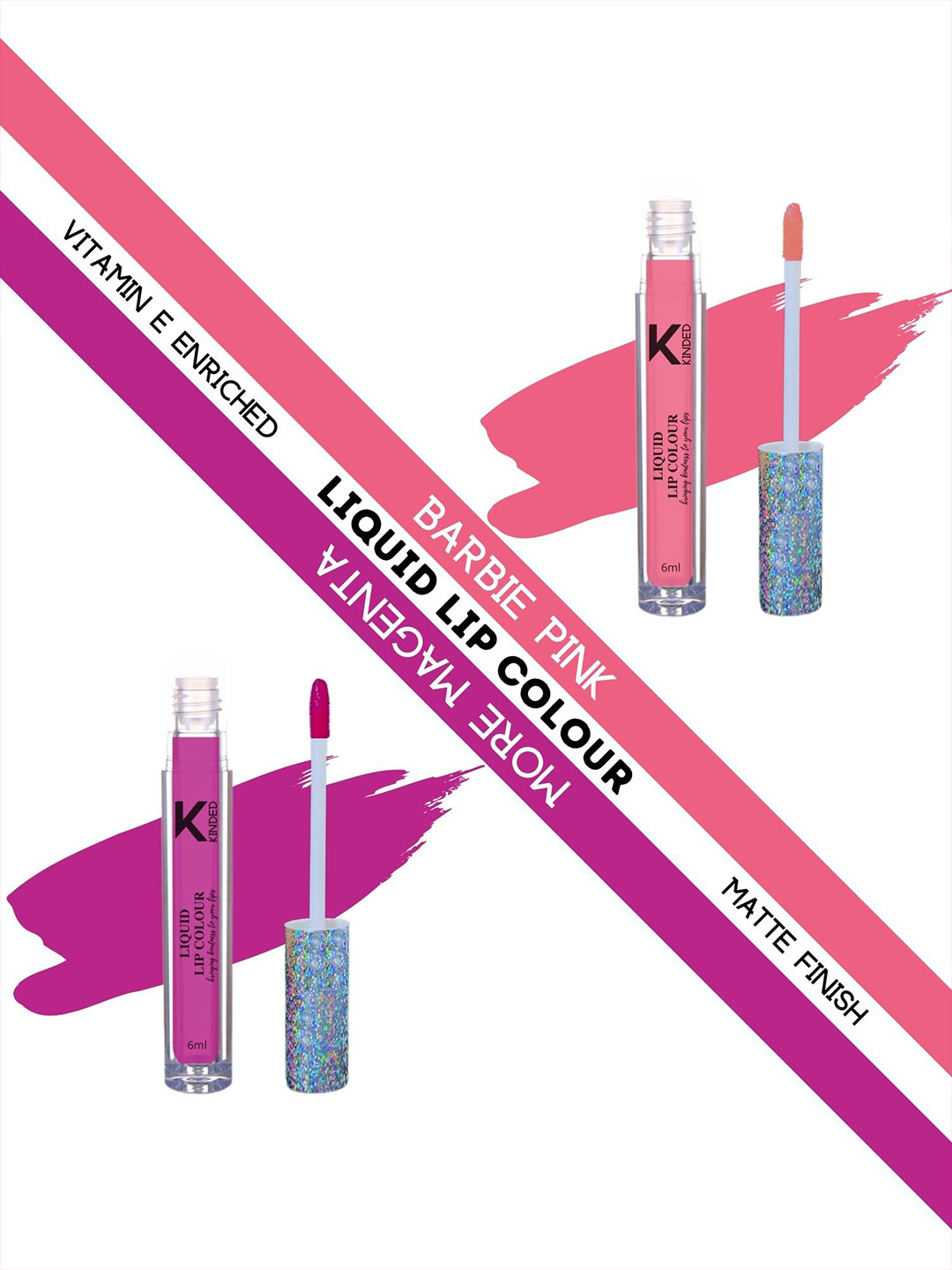 KINDED Set Of 2 Vitamin E Enriched Long Lasting Matte Liquid Lip Colour Lipstick 6 ml - Barbie Pink 01 & More Magenta 02