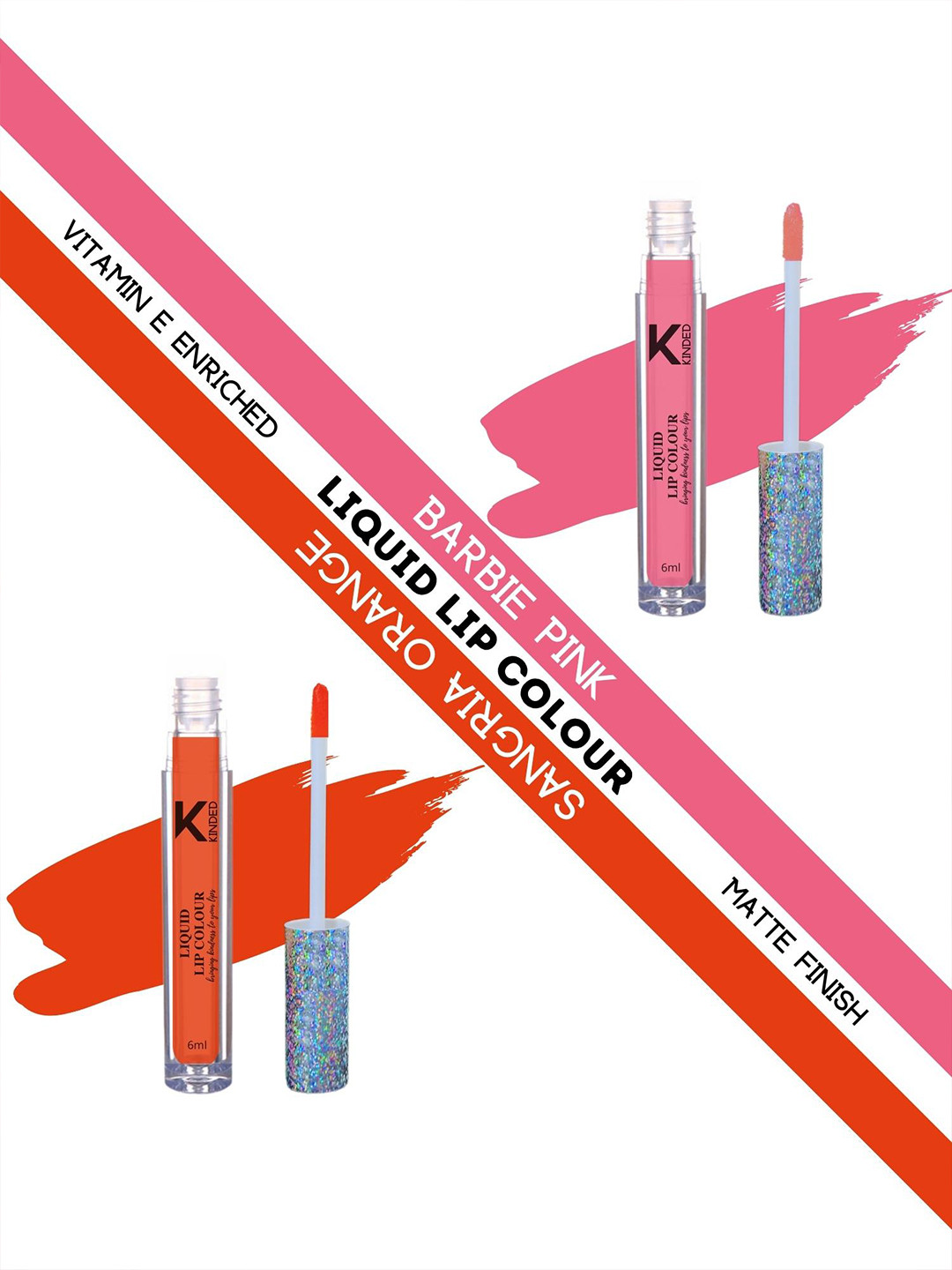 KINDED Set Of 2 Vitamin E Enriched Long Lasting Matte Liquid Lip Colour Lipstick 6 ml - Barbie Pink 01 & Sangria Orange 08