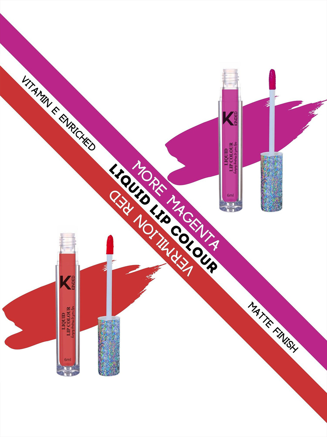 KINDED Set Of 2 Vitamin E Enriched Matte Liquid Lip Colour Lipstick - 6 ml Each - More Magenta 02 & Vermilion Red 03