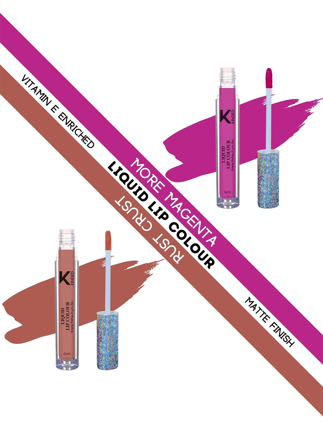 KINDED Set of 2 Vitamin E Matte Liquid Lip Colour 6 ml Each - More Magenta & Rust Crust
