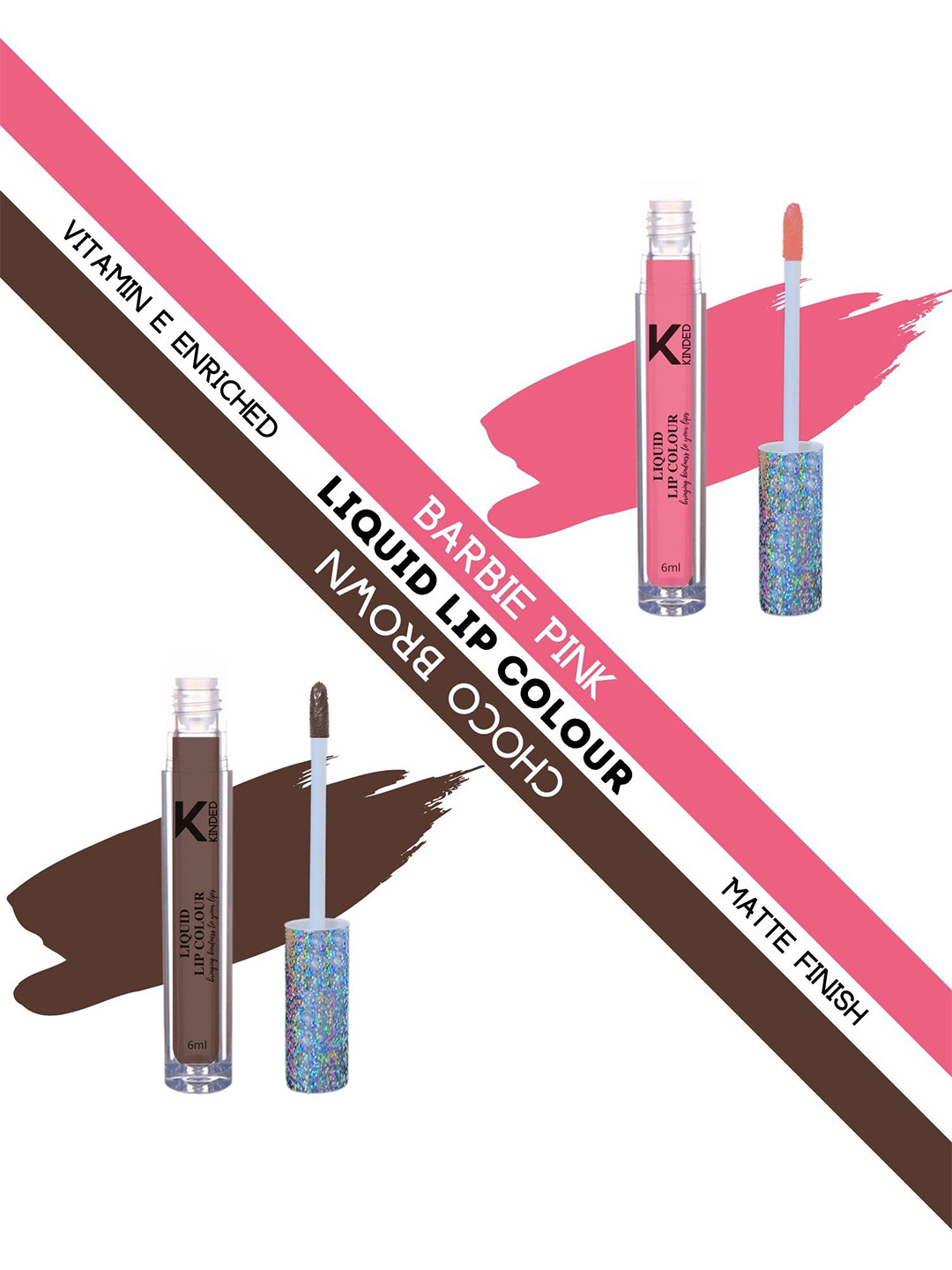 KINDED Set of 2 Vitamin E Matte Liquid Lip Colour 6 ml Each - Barbie Pink & Choco Brown