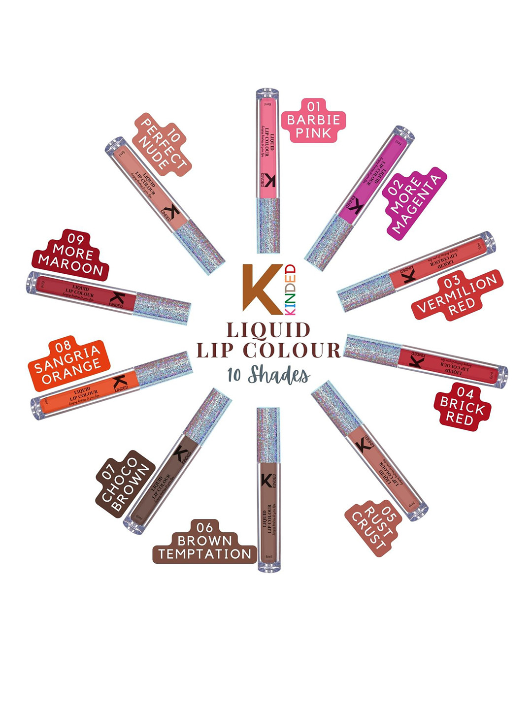 KINDED Set of 10 Vitamin E Enriched Matte Liquid Lip Colour - 6 ml Each