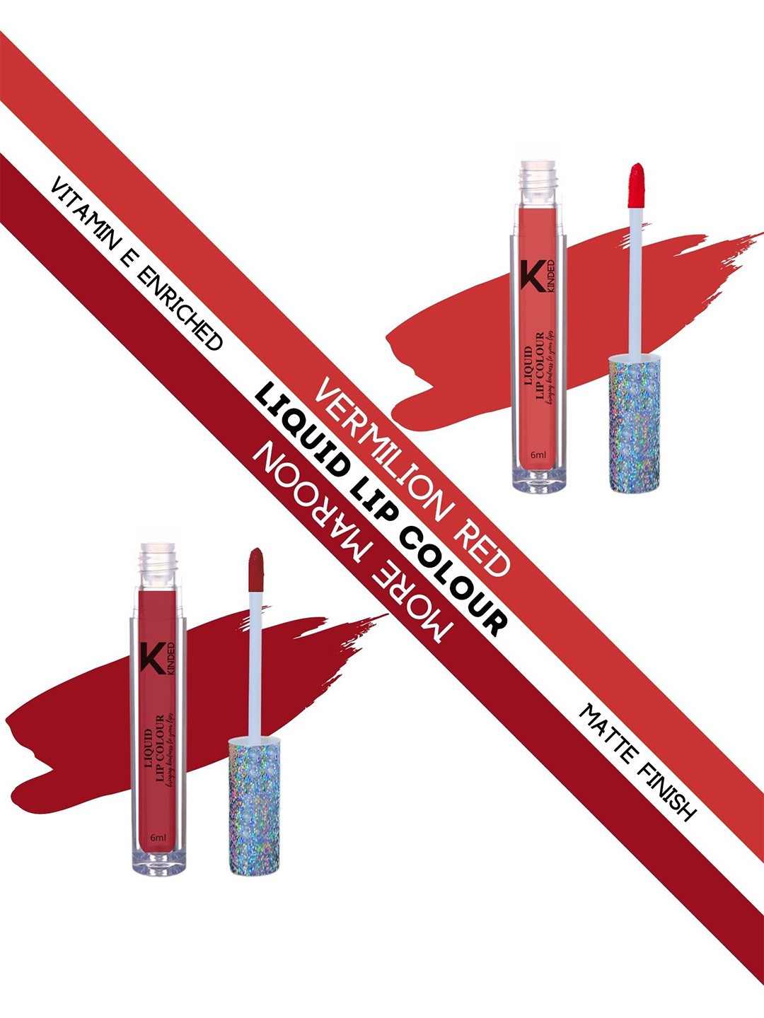 KINDED Set of 2 Vitamin E Liquid Lipstick 6ml Each - Vermilion Red 03 & More Maroon 09