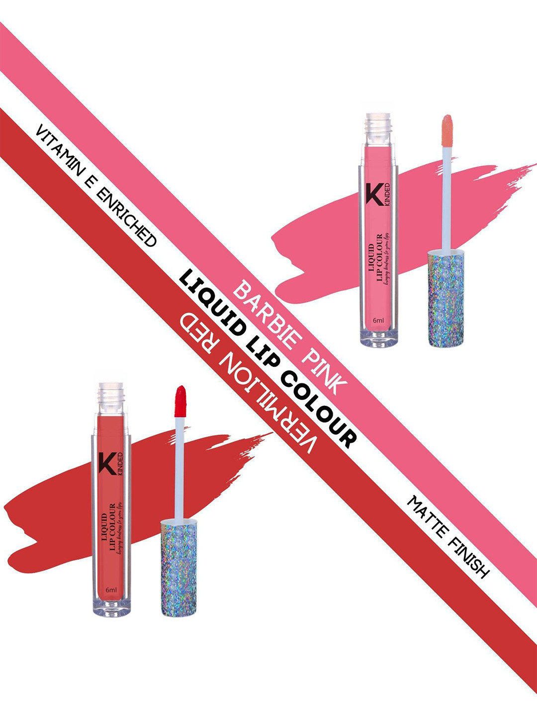 KINDED Set of 2 Vitamin E Liquid Lipstick 6ml Each - Barbie Pink 01 & Vermilion Red 03