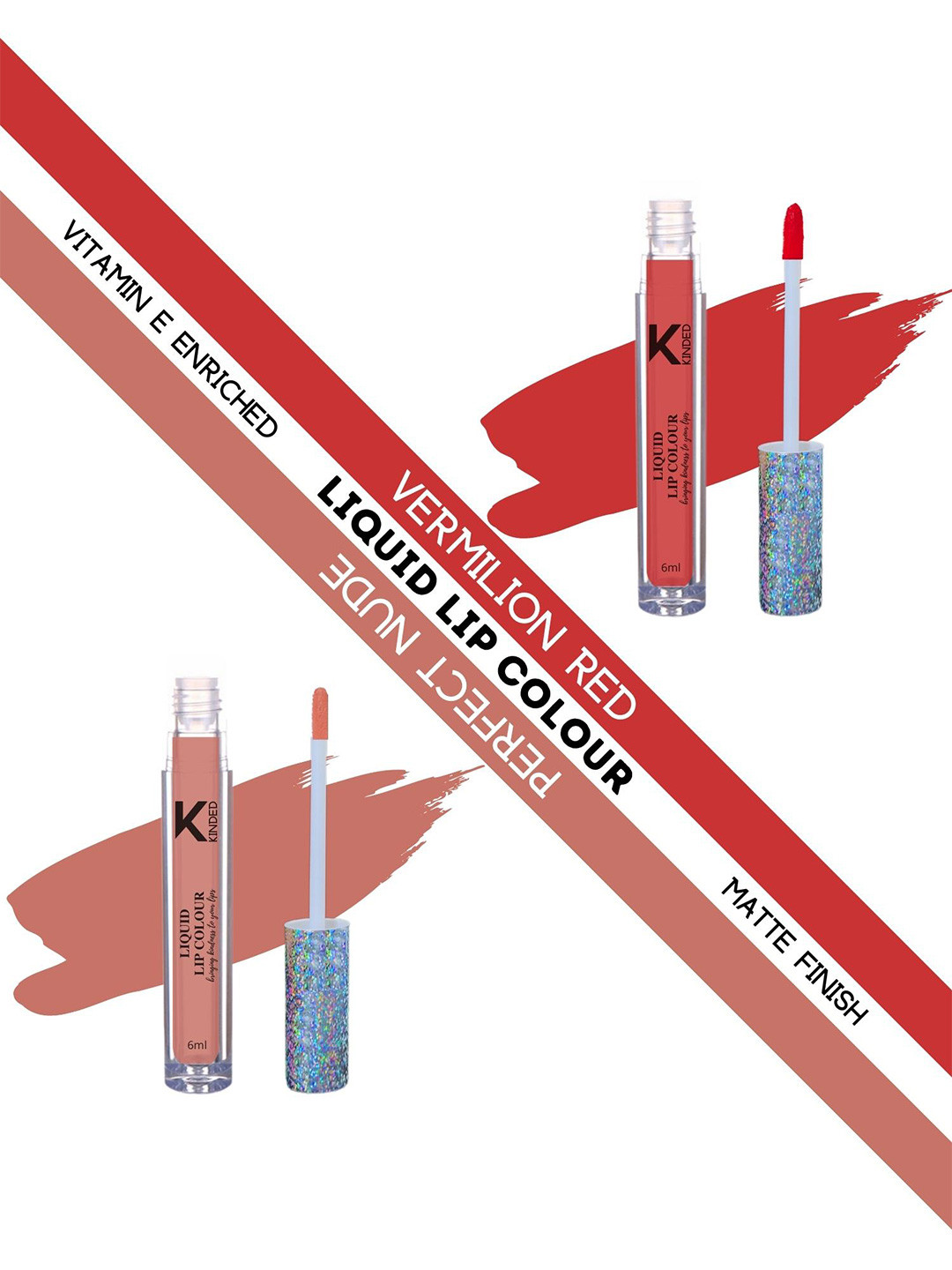 KINDED Set of 2 Vitamin E Liquid Lipstick 6ml Each - Vermilion Red 03 & Perfect Nude 10