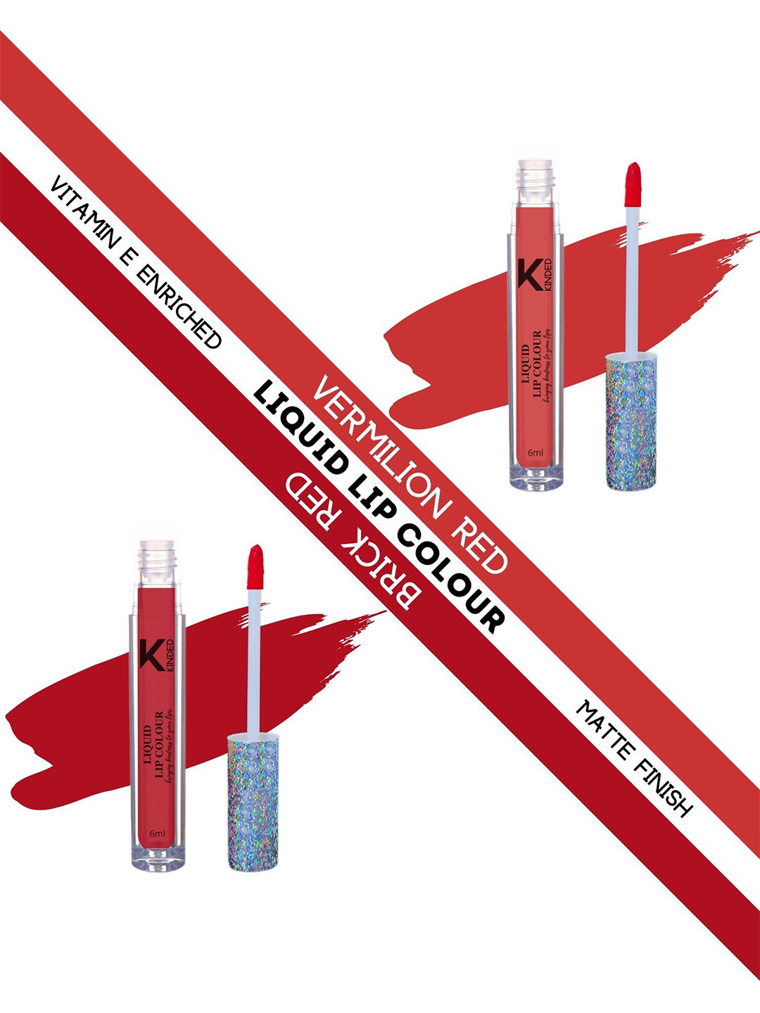 KINDED Set of 2 Vitamin E Liquid Lipstick 6ml Each - Vermilion Red 03 & Brick Red 04
