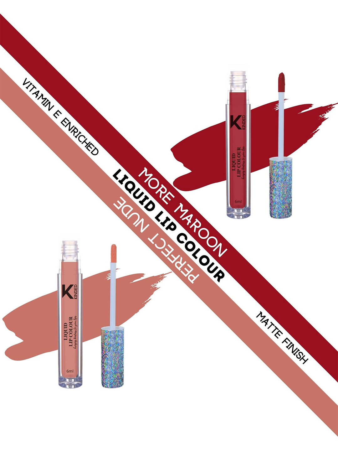 KINDED Set of 2 Vitamin E Liquid Lipstick 6ml Each - More Maroon 09 & Perfect Nude 10