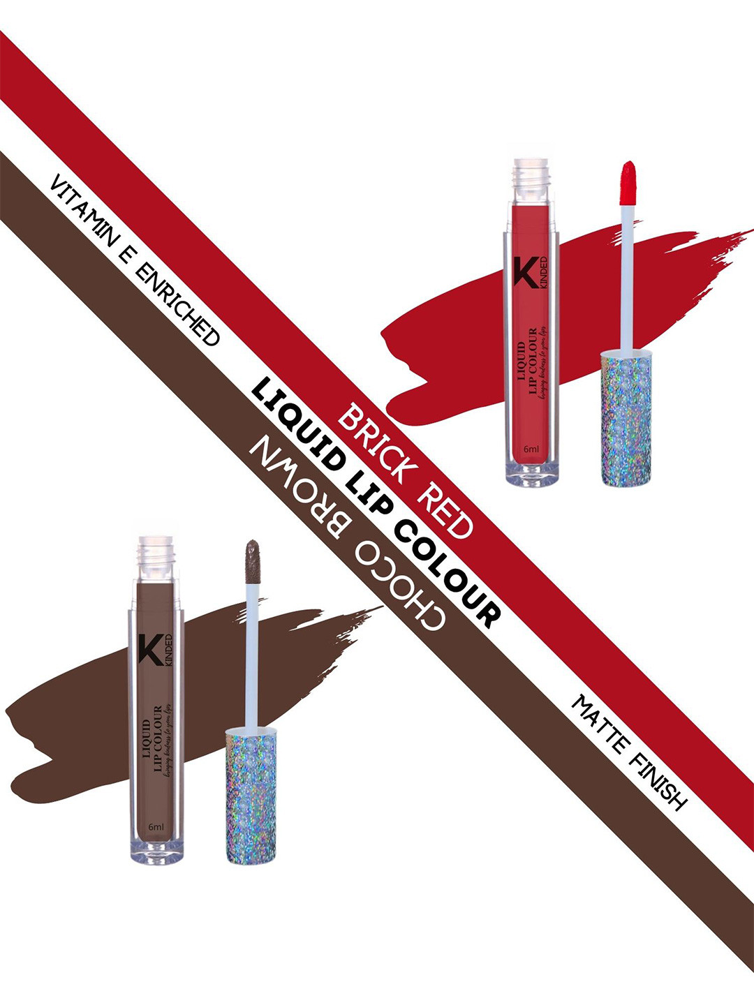 KINDED Set of 2 Vitamin E Liquid Lipstick 6ml Each - Brick Red 04 & Choco Brown 07