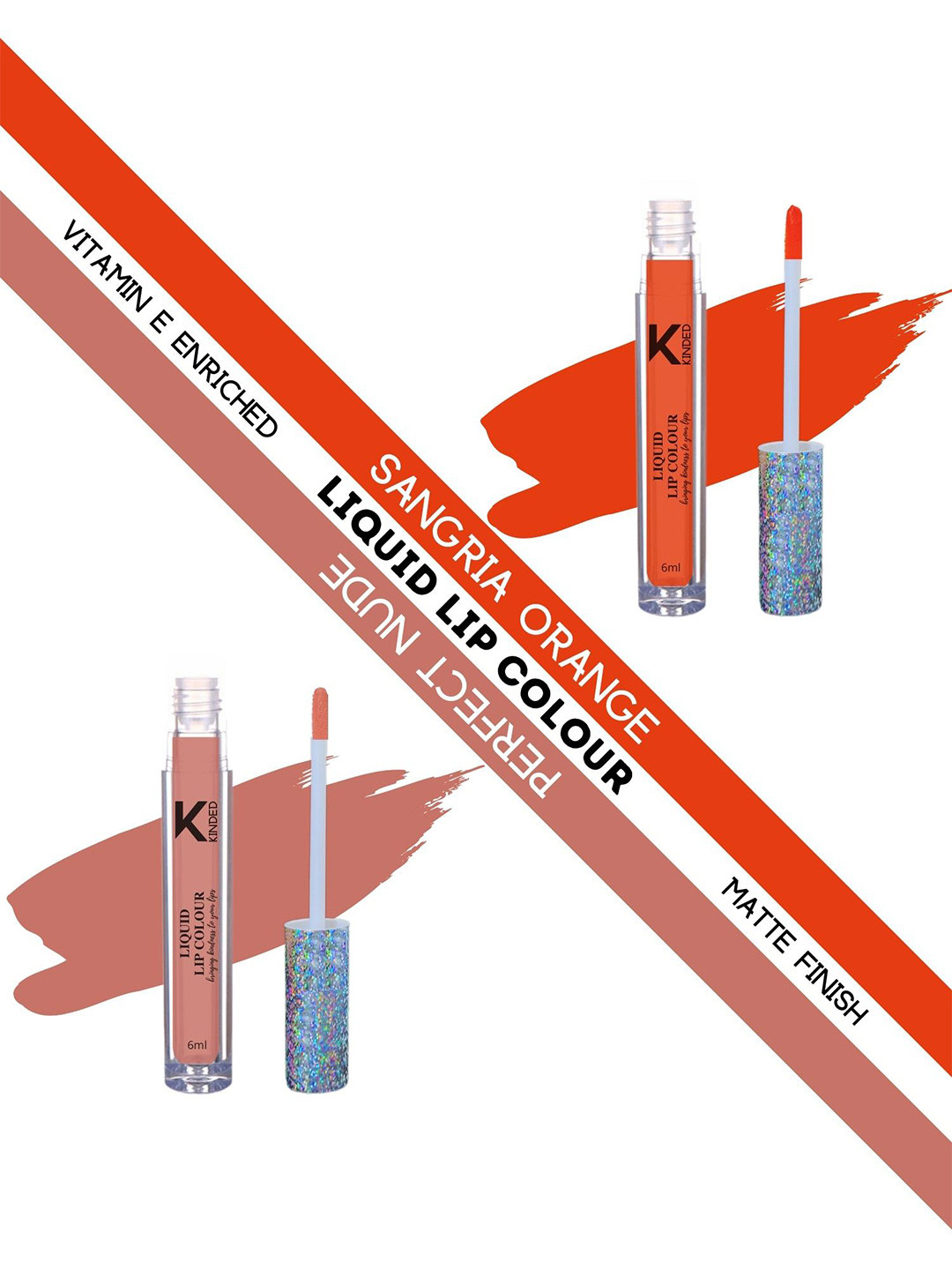 KINDED Set of 2 Vitamin E Liquid Lipstick 6ml Each - Sangria Orange 08 & Perfect Nude 10