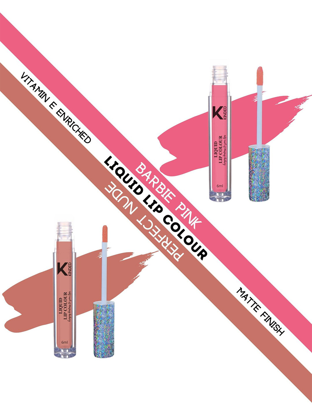 KINDED Set of 2 Vitamin E Matte Liquid Lip Colour 6 ml Each - Barbie Pink & Perfect Nude
