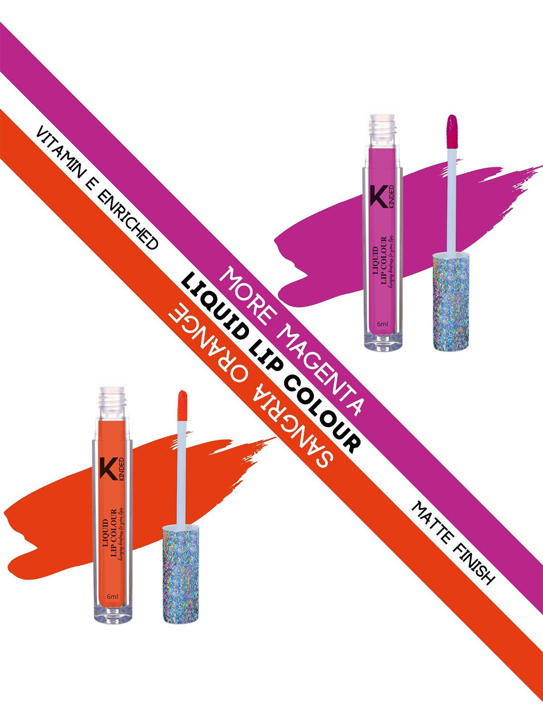 KINDED Set of 2 Vitamin E Matte Liquid Lip Colour 6ml each - More Magenta & Sangria Orange