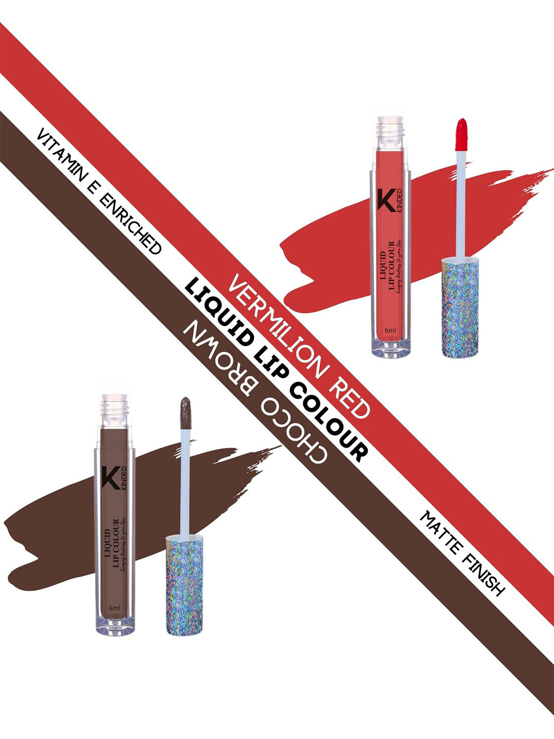 KINDED Set of 2 Vitamin E Matte Liquid Lip Colour 6 ml each - Vermilion Red & Choco Brown