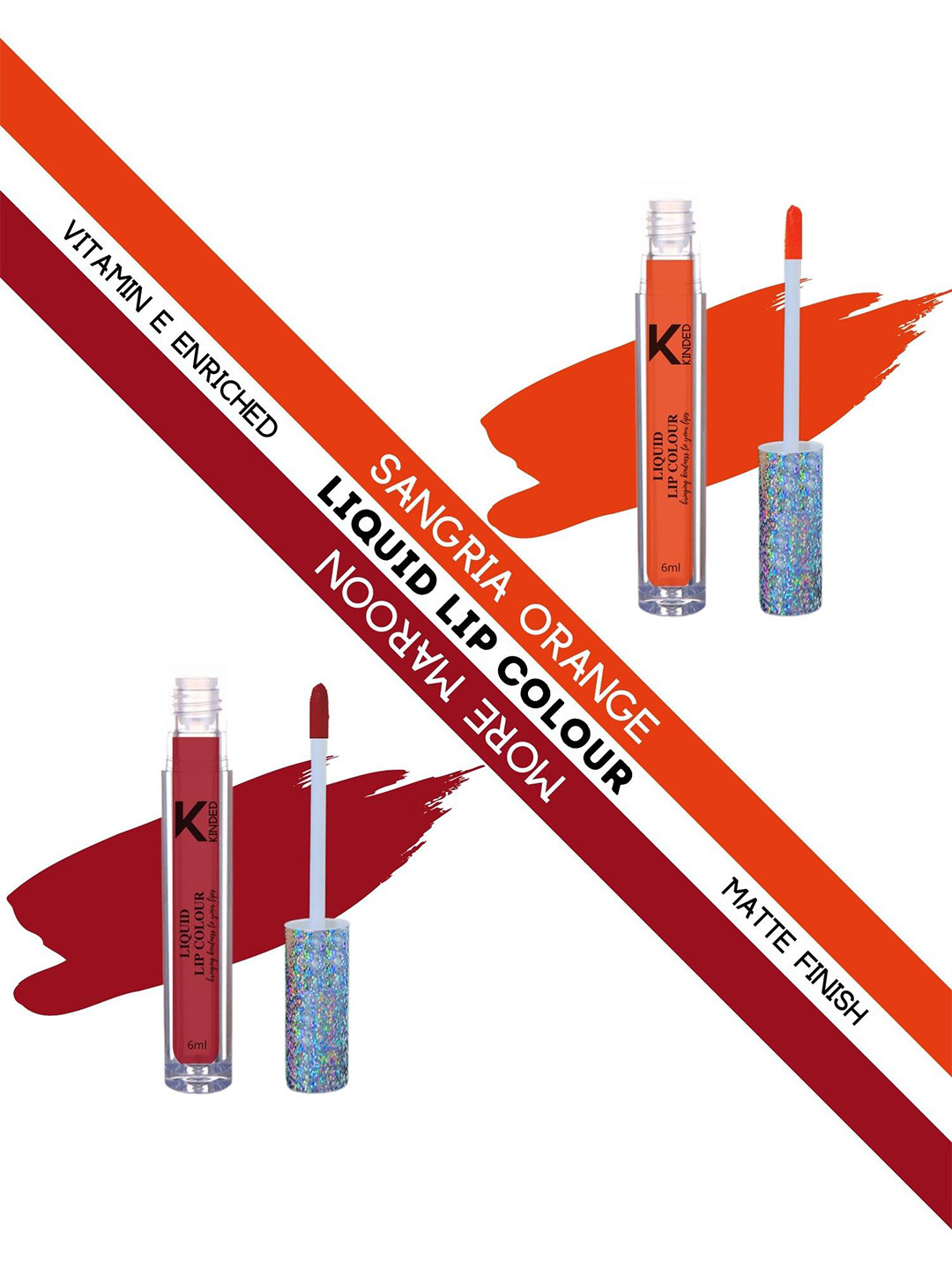 KINDED Set of 2 Vitamin E Matte Liquid Lip Colour 6 ml each - Sangria Orange & More Maroon