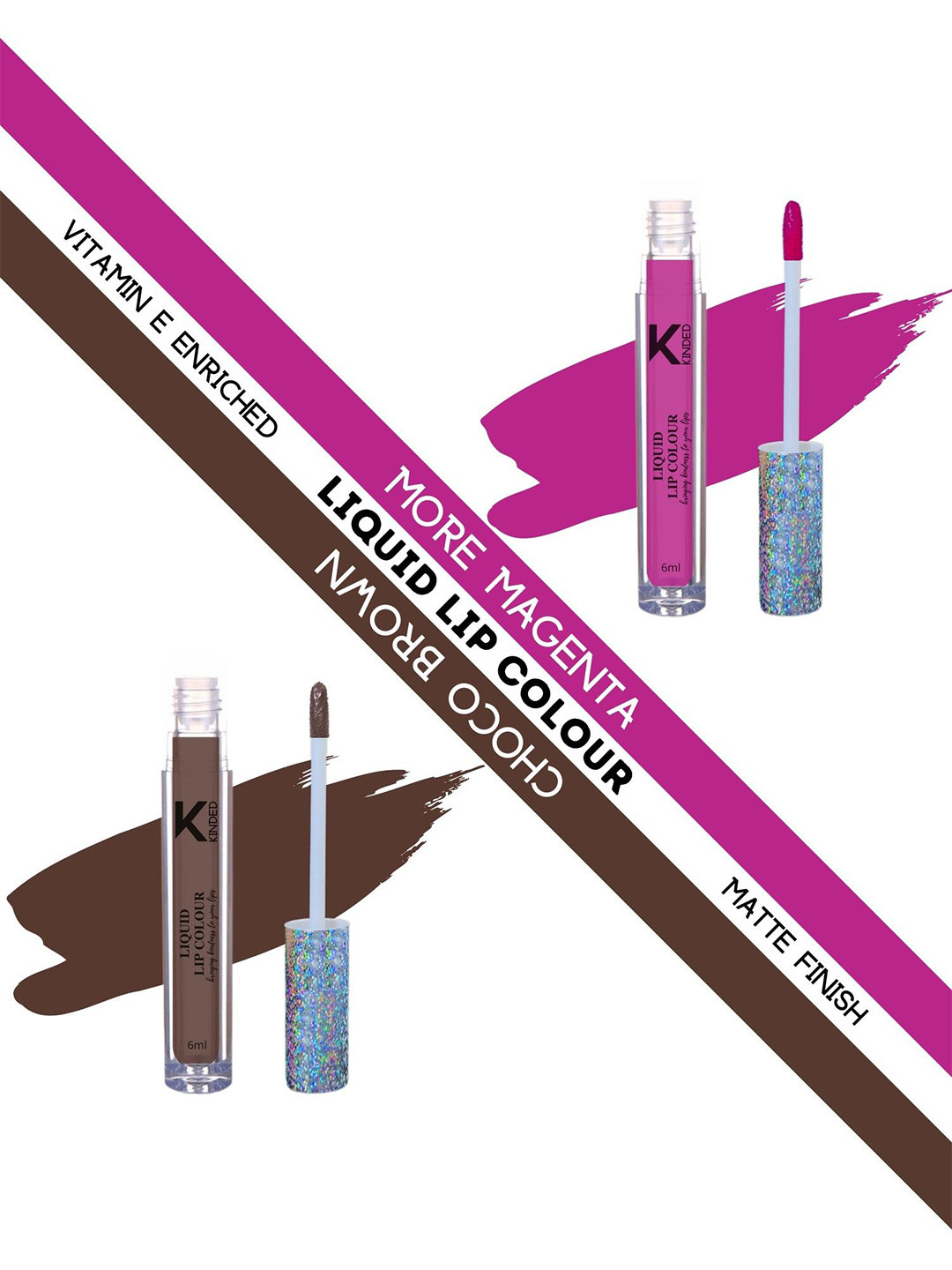 KINDED Set of 2 Vitamin E Matte Liquid Lip Colour 6ml each - More Magenta & Choco Brown