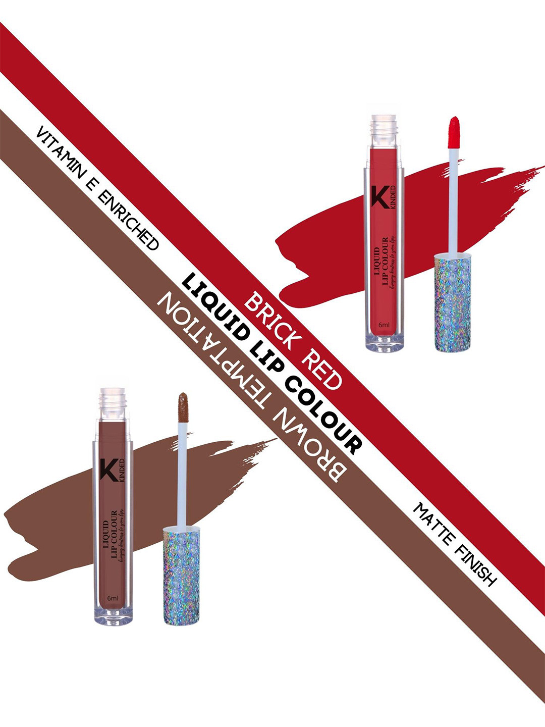 KINDED Set of 2 Vitamin E Matte Liquid Lip Colour 6ml each - Brick Red & Brown Temptation