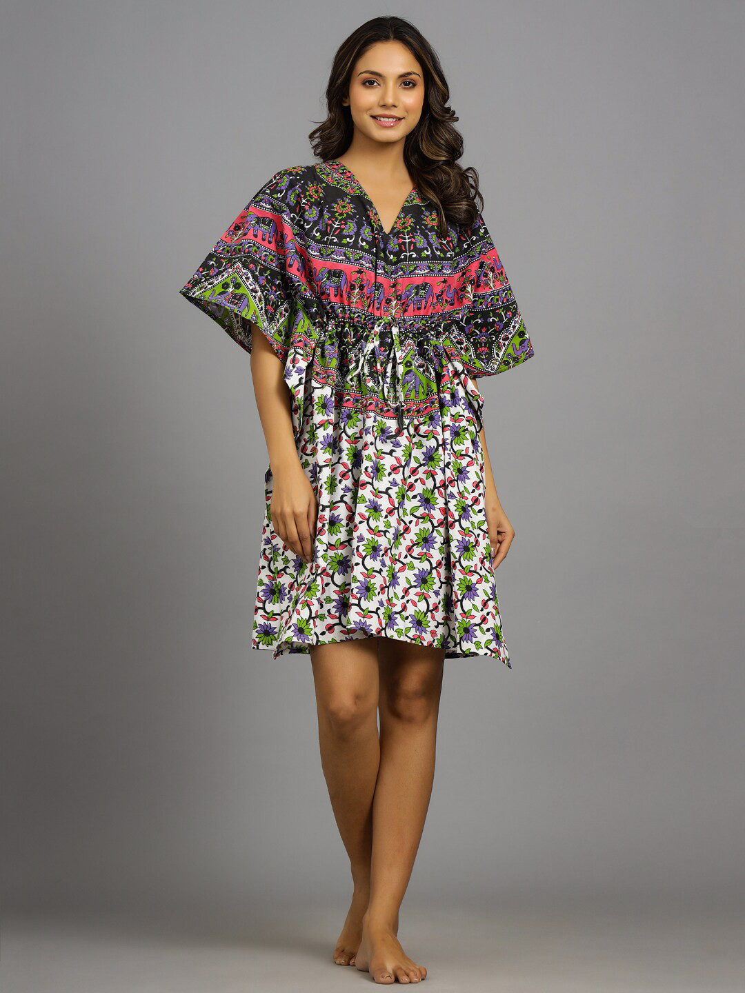 HANDICRAFT PALACE V-Neck Ethnic Motifs Printed Pure Cotton Kaftan Nightdress