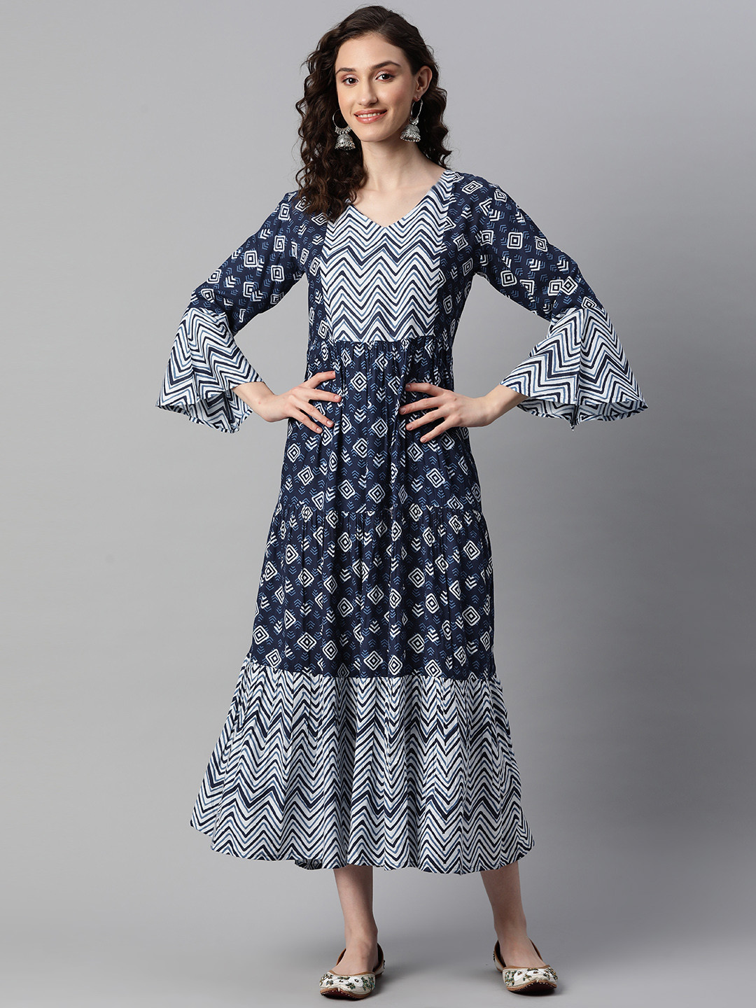 Indibelle Print Bell Sleeve Fit & Flare Midi Dress