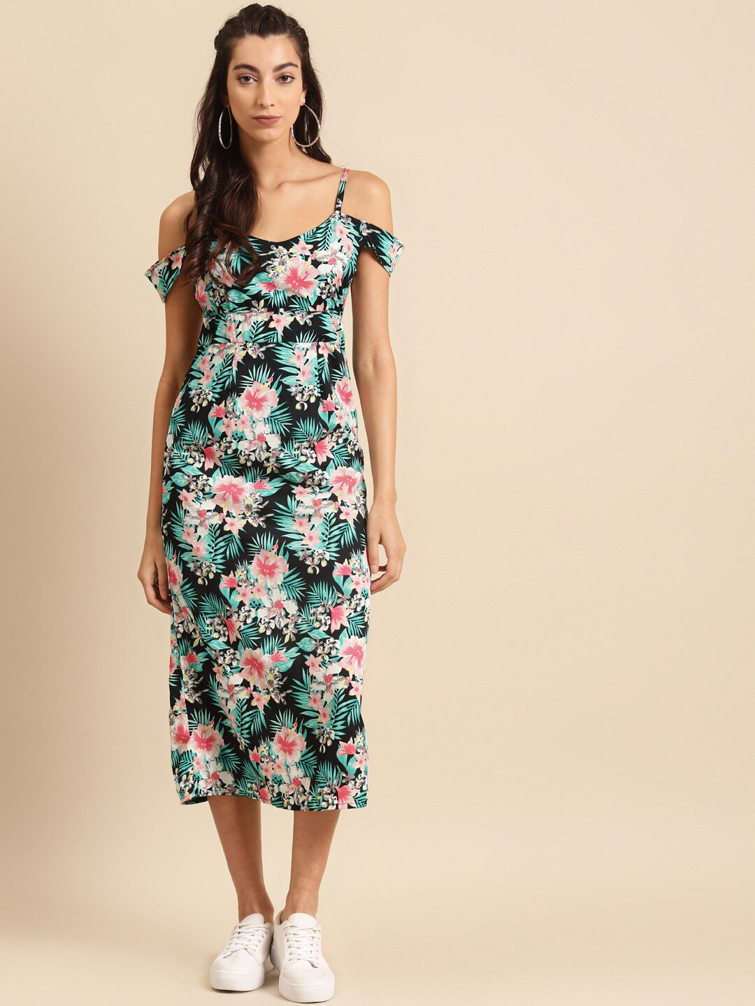 DODO & MOA Tropical Floral Cold-Shoulder Midi Dress