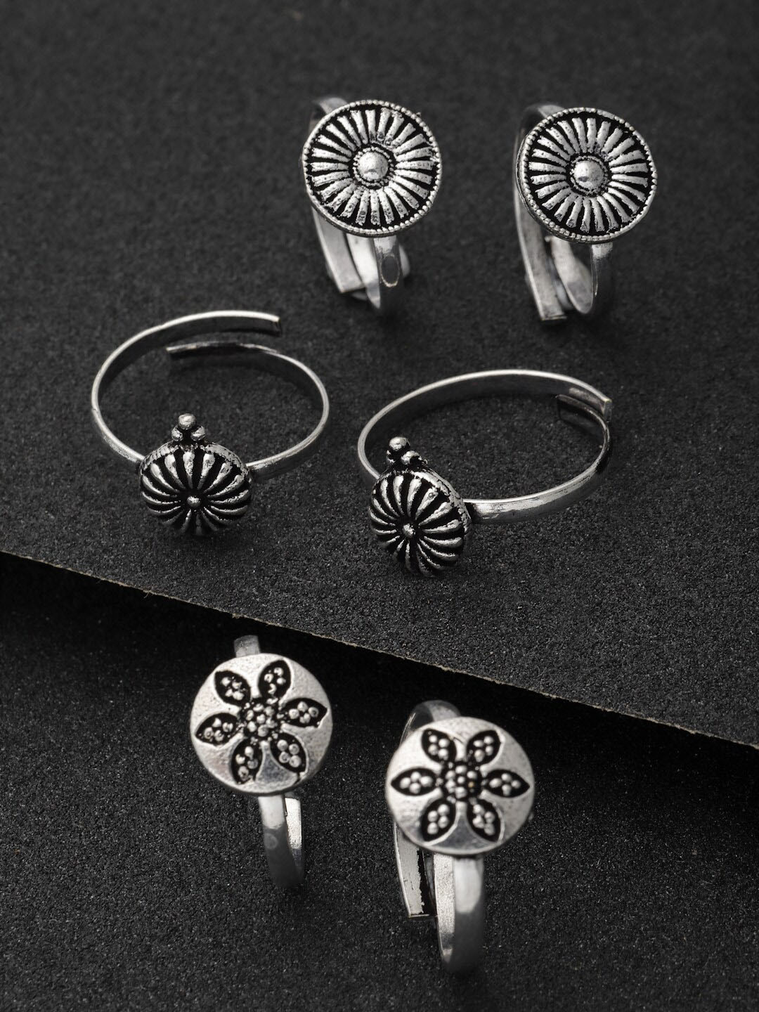 PANASH Set of 3 Pair Oxidised Silver Toned Adjustable Toe Rings