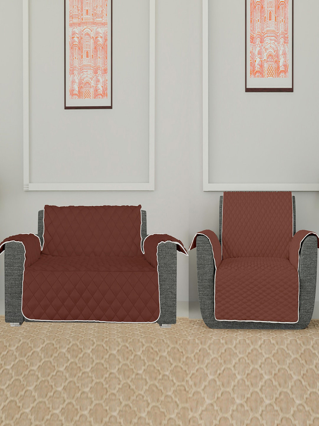 Kuber Industries Brown & Grey 2 Pcs Patterned 2 + 1 Seater Sofa Covers