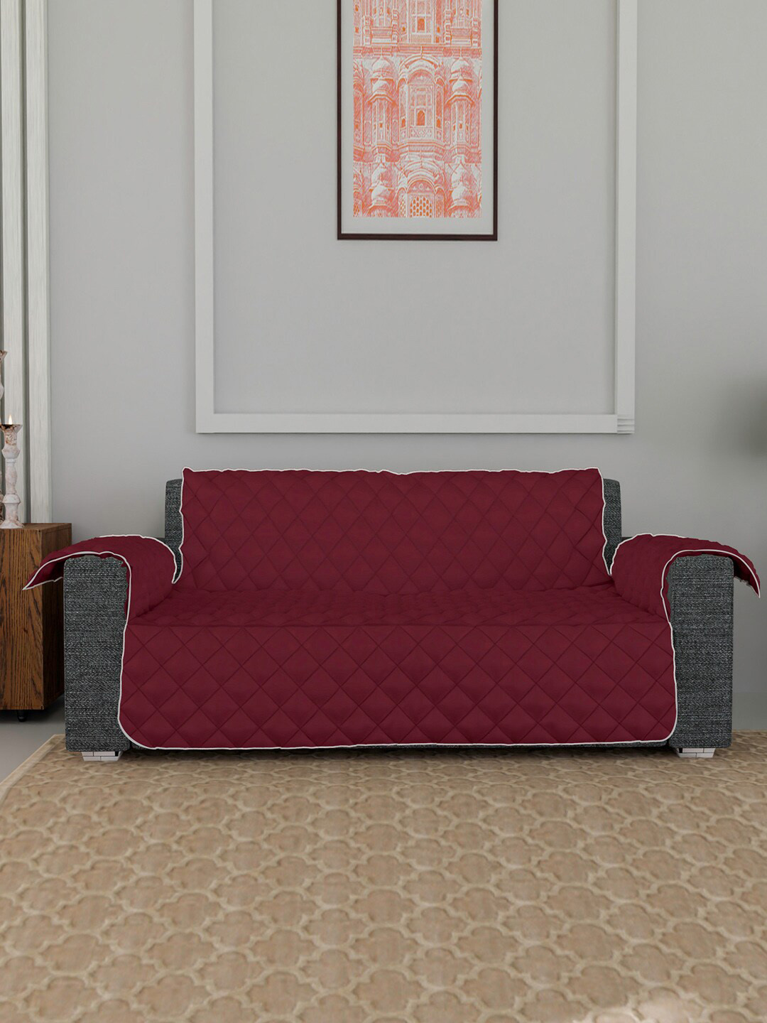 Kuber Industries Maroon & Grey Patterned 3-Seater Reversible Sofa Cover