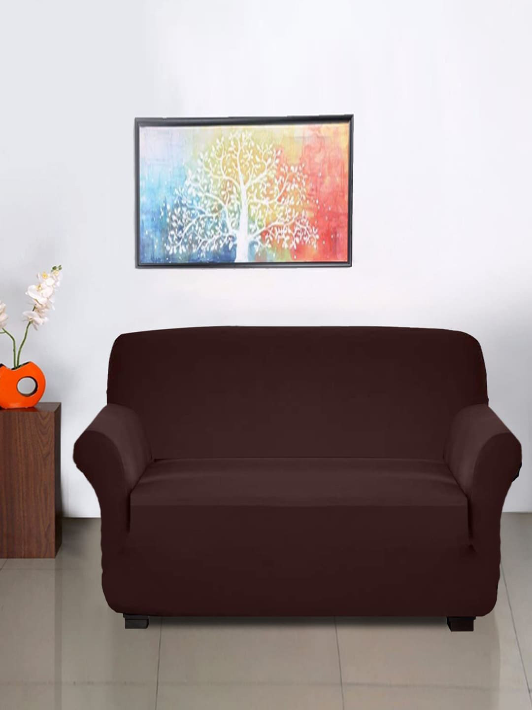 Kuber Industries Brown Stretchable 2-Seater Sofa  Slip Cover With Foam Sticks
