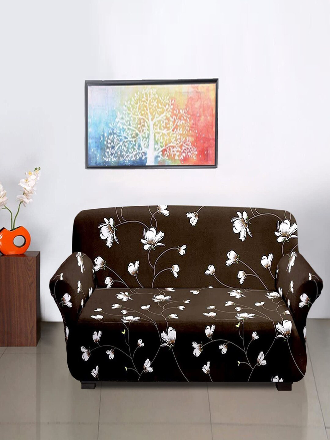 Kuber Industries Brown & White Floral Printed 2 Seater Stretchable Sofa Slipcover With Foam Sticks