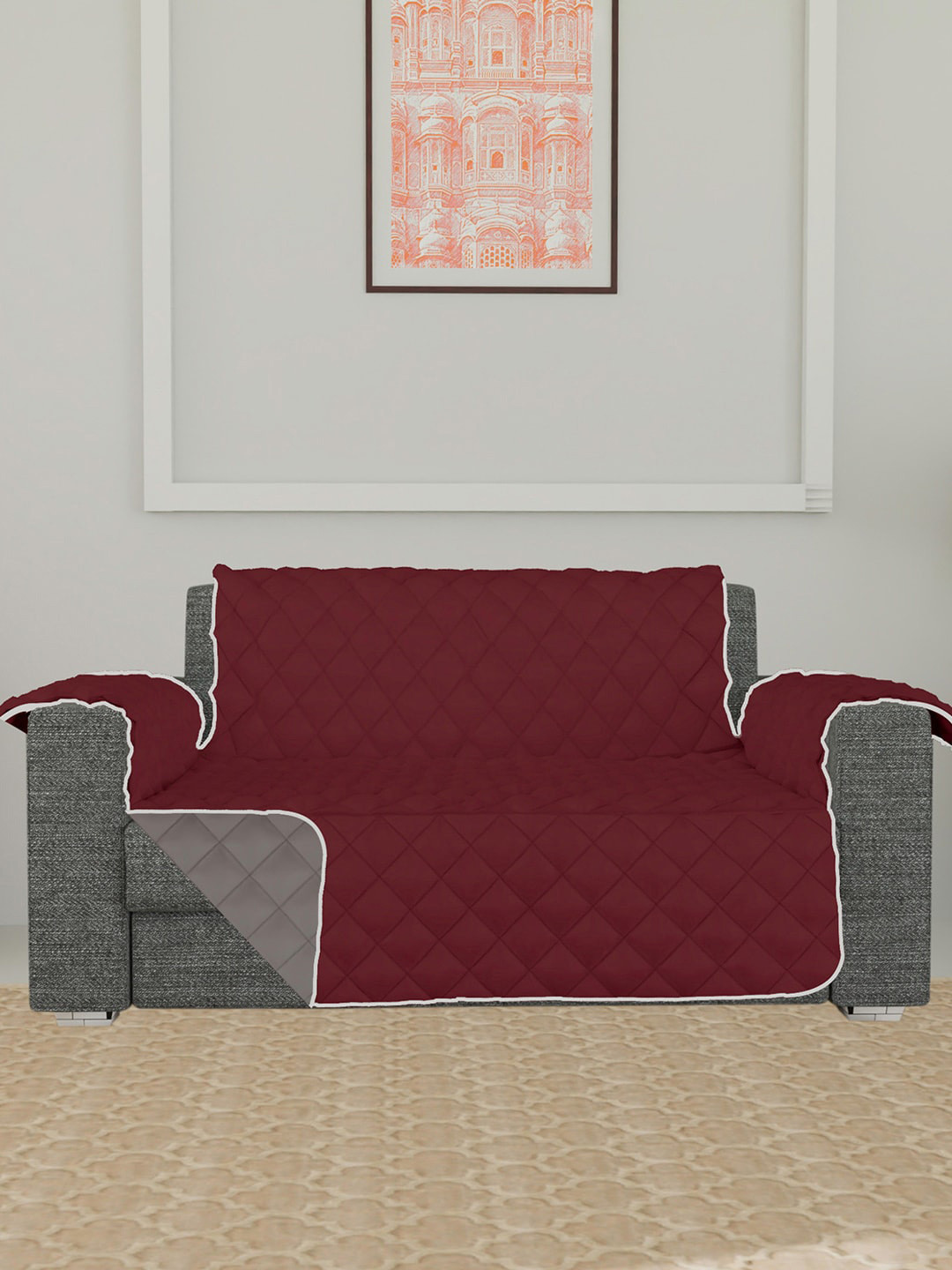 Kuber Industries Maroon & Grey Quilted Checked Design Both Sided 2-Seater Sofa Cover
