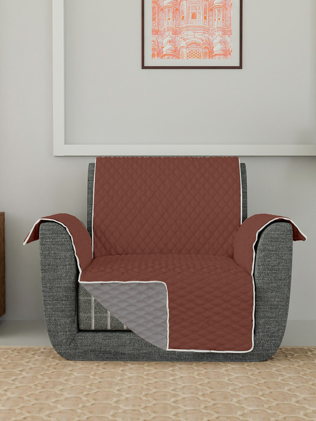 Kuber Industries Brown & Grey Checked Design Both Sided 1-Seater Sofa Cover