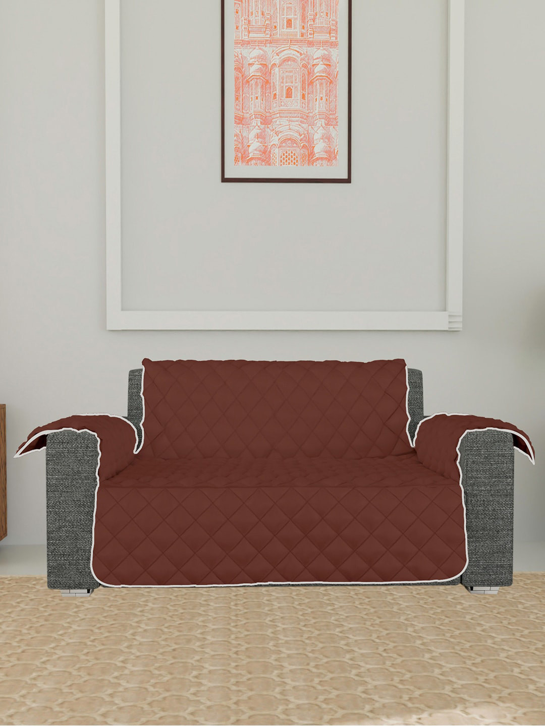 Kuber Industries Brown & Grey Checked Design Both Sided 2-Seater Sofa Cover