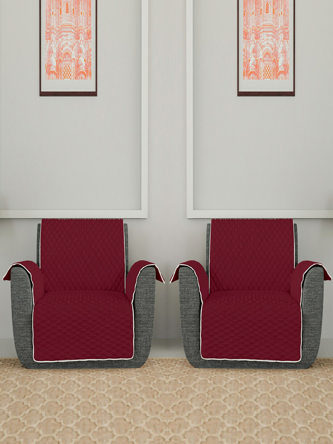 Kuber Industries 2 Pcs Maroon & Grey Patterned One Seater Sofa Covers