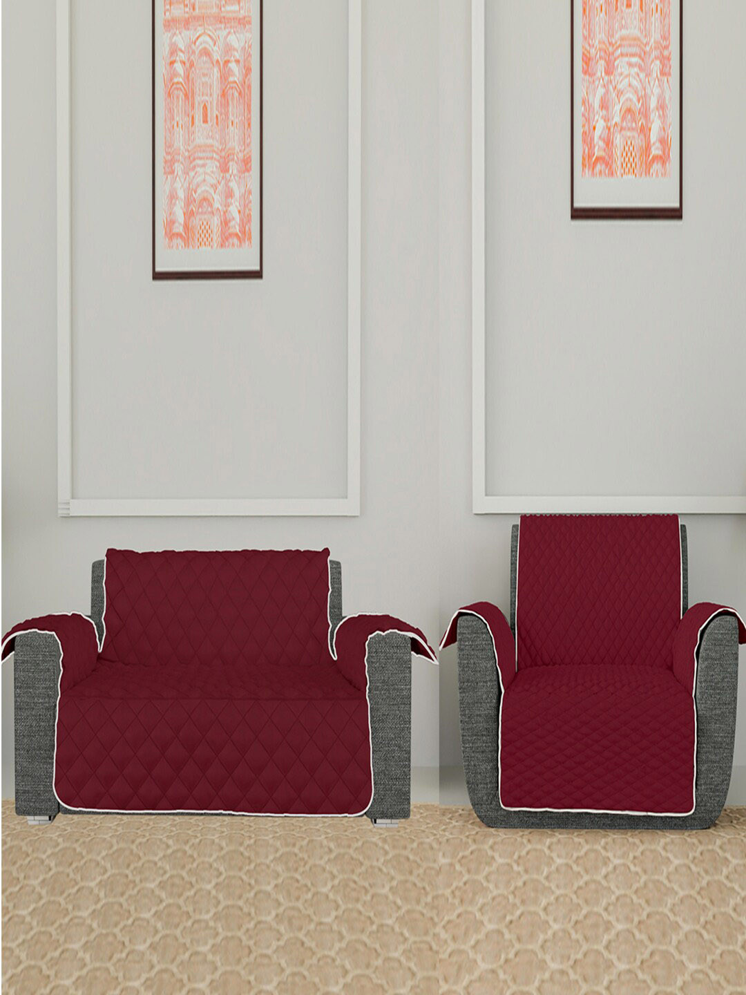 Kuber Industries 2 Pcs Maroon & Grey Patterned 2 +1 Seater Sofa Covers