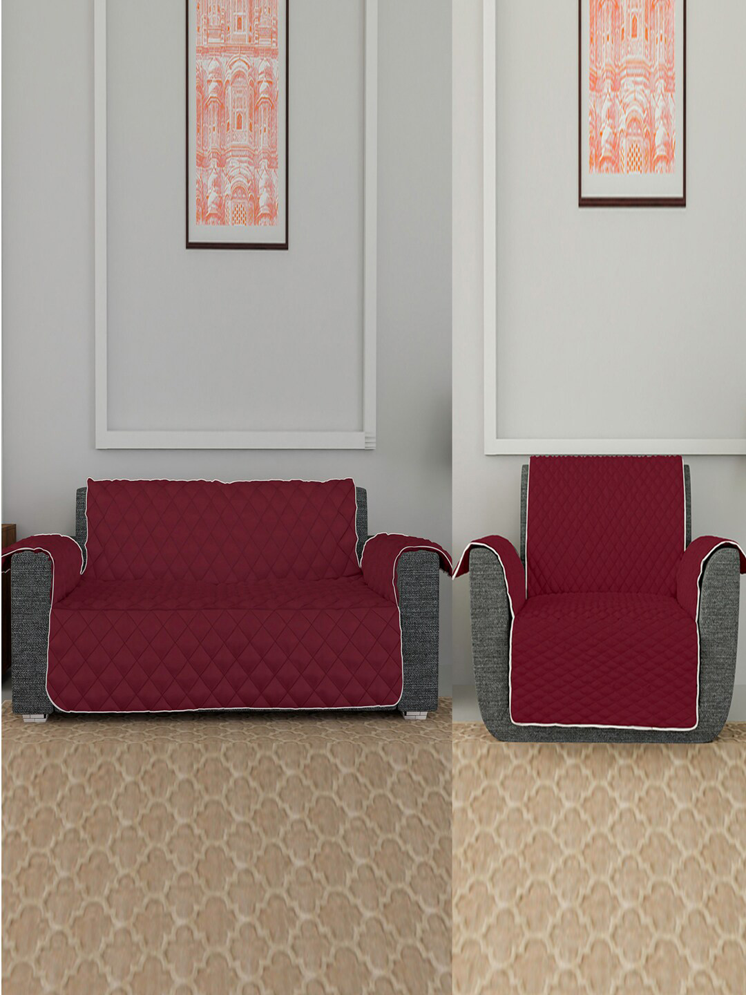 Kuber Industries 2 Pcs Maroon & Grey Patterned 3 + 1 Seater Sofa Covers