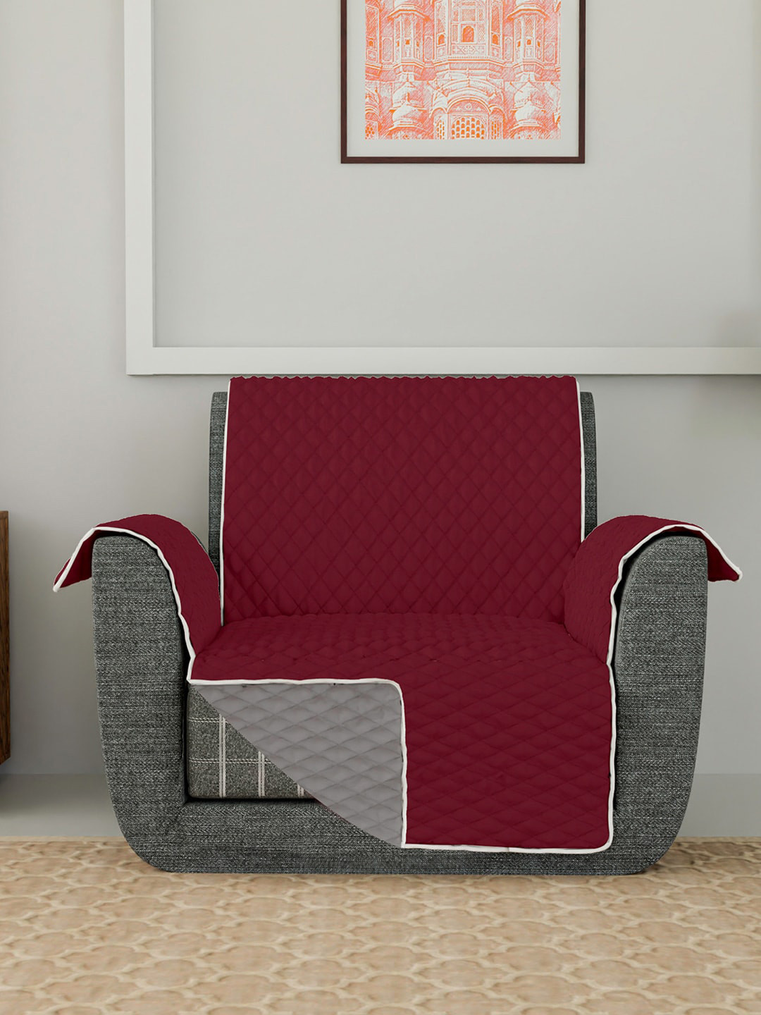 Kuber Industries Maroon & Grey Quilted Checked Design Both Sided 1-Seater Sofa Cover