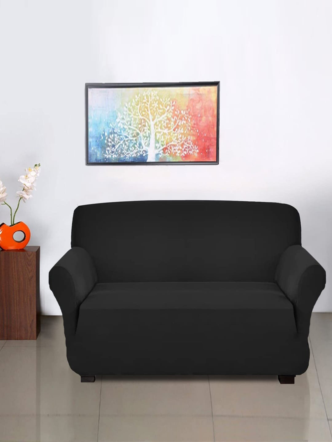 Kuber Industries Black 2 Seater Stretchable Sofa Slipcover With Foam Sticks