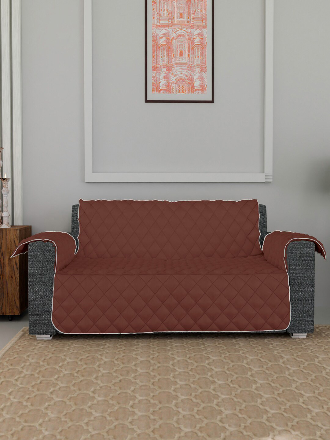 Kuber Industries Brown & Grey Checked Design Both Sided 3-Seater Sofa Cover