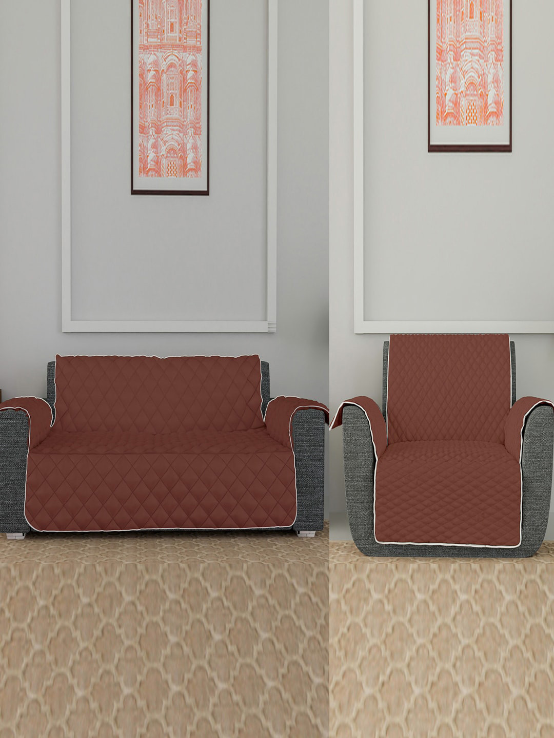 Kuber Industries Brown & Grey 2 Pcs Patterned 3 + 1 Seater Sofa Covers