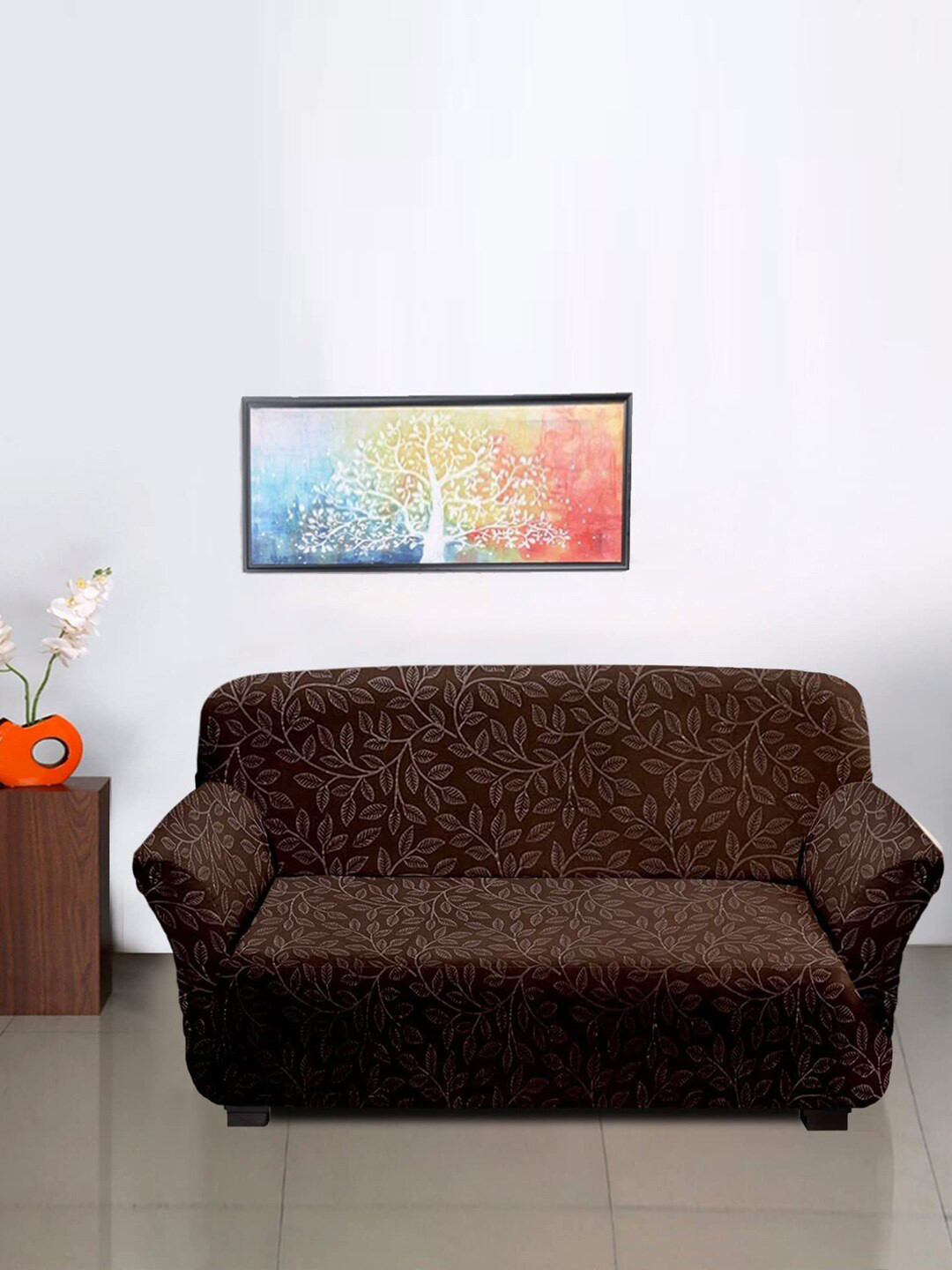 Kuber Industries Brown Leaf Printed Stretchable 2-Seater Sofa  Slip Cover With Foam Sticks