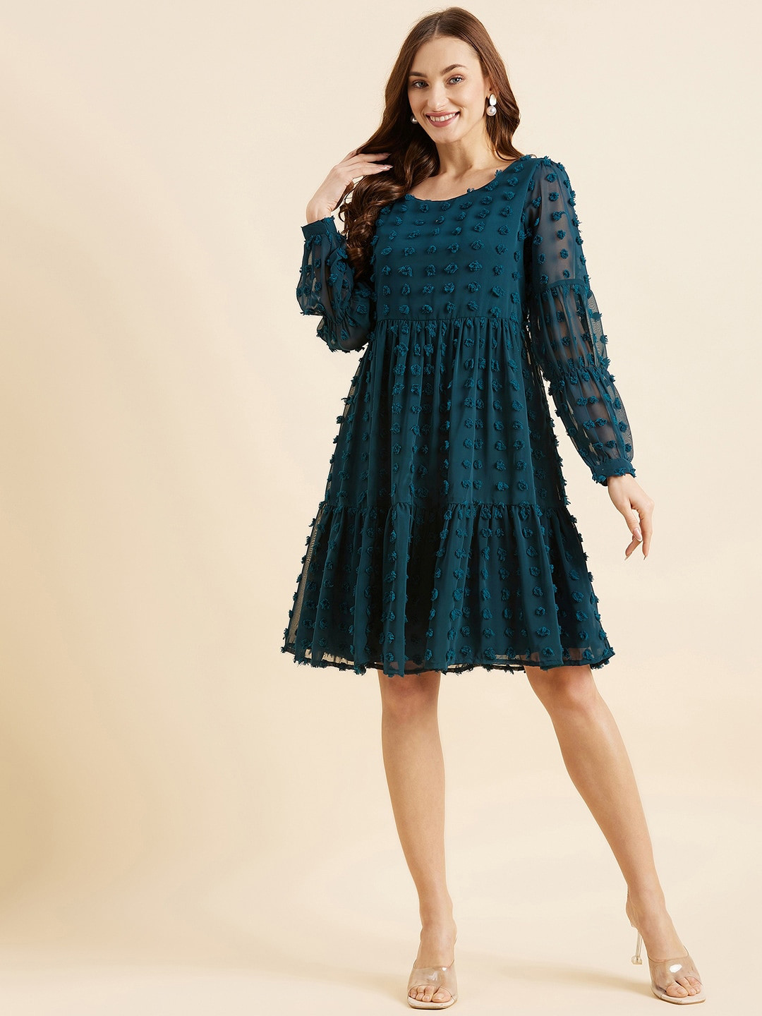 PANIT Self Design Puff Sleeves Tiered Fit & Flare Dress