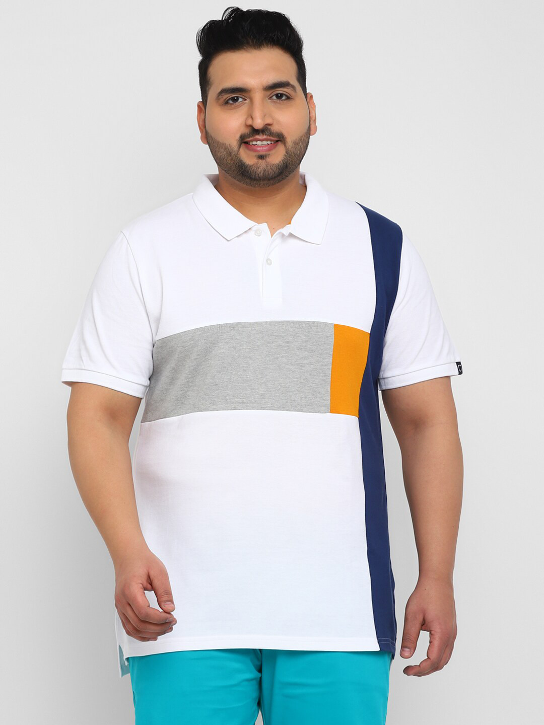 Urbano Plus Men Size Colourblocked Color Block Polo Neck White Cotton Collar T-shirt