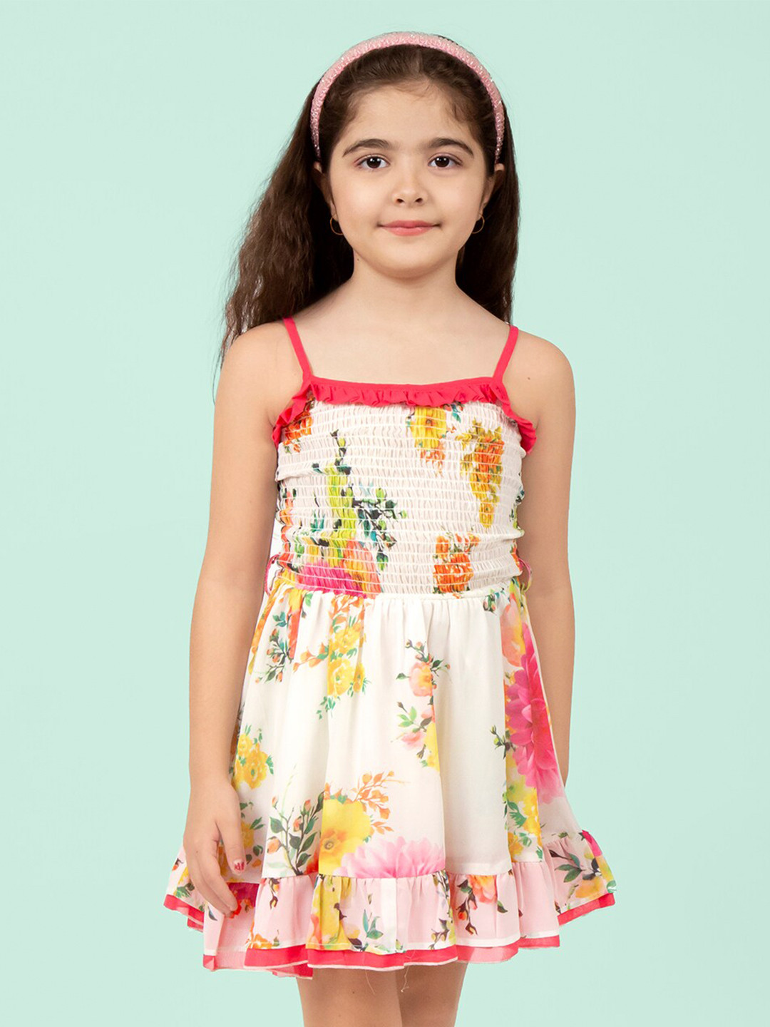 Naughty Ninos Girls  Floral Shoulder Strap Ruffle Mini Dress